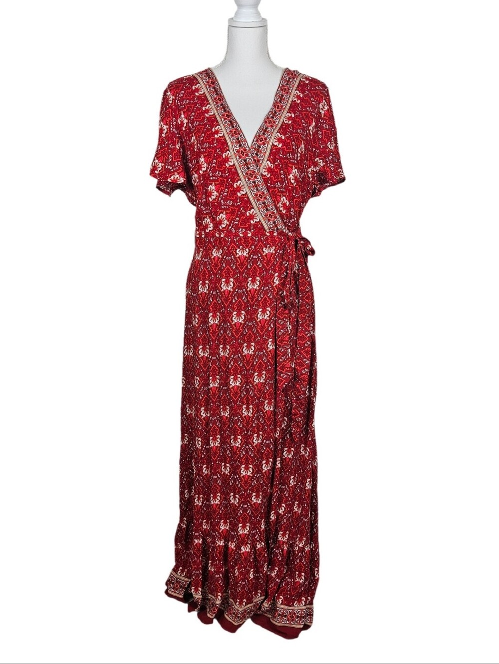 Zesica Maxi Wrap Dress Red V Neck Flutter Sleeve Womens Large Boho Flowy